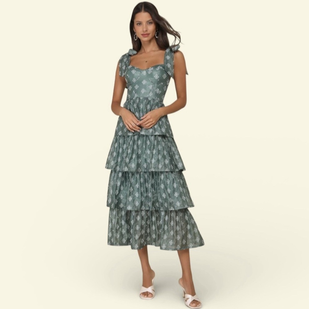 NWT Lulus Gorgeous Excellence Green Floral Burnout Tiered Midi Dress XL Coquette